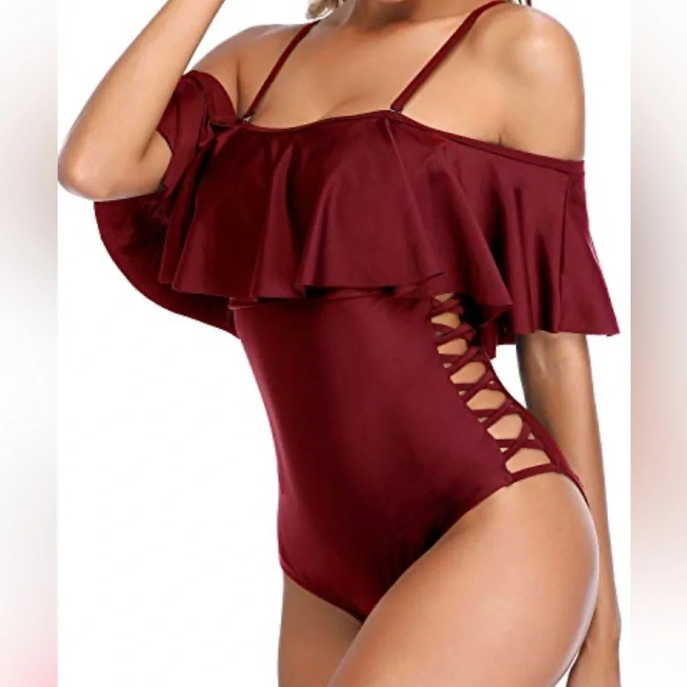 Holipick Maroon Off-Shoulder One Piece Swimsuit (Tummy Control) – M - Picture 5 of 6